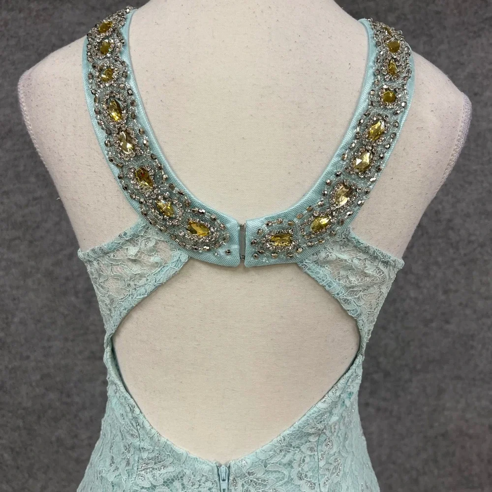 Sequin Hearts Light Blue Lace Beaded Halter Mermaid Formal Prom‎ Dress Size 7
